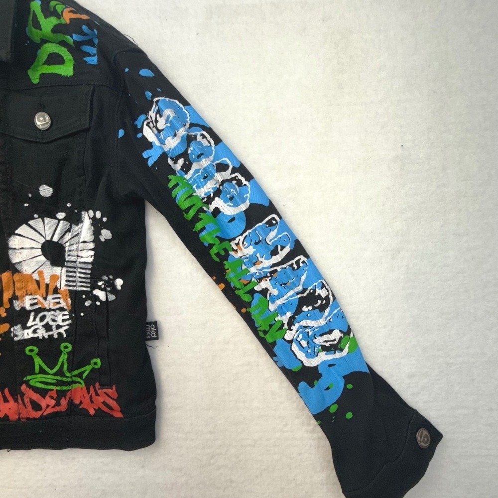 Akademiks Jean Jacket Black Y2K Graffiti Denim Jacket Street Size L 14/16 - Picture 10 of 14